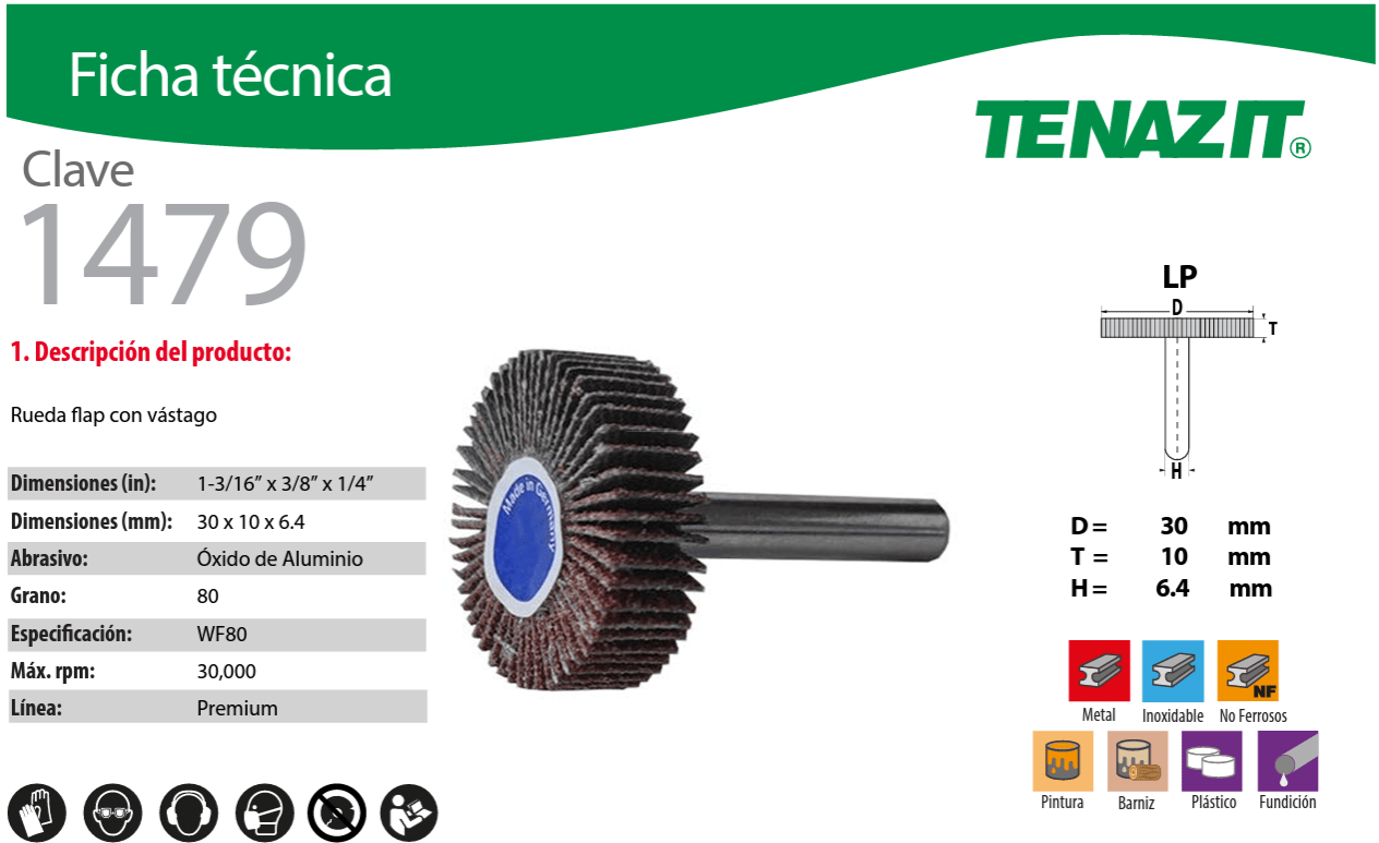 Austromex 1479 Tenazit 1479 Mini rueda flap para Inoxidable grano 80 de 1-3/16" x 3/8" x 1/4" AUSTROMEX