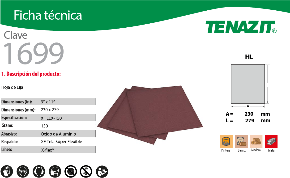 Austromex-1699 Tenazit 1699 Hoja de lija X-FLEX de óxido de aluminio, grano 150, de 230 x 279 mm AUSTROMEX