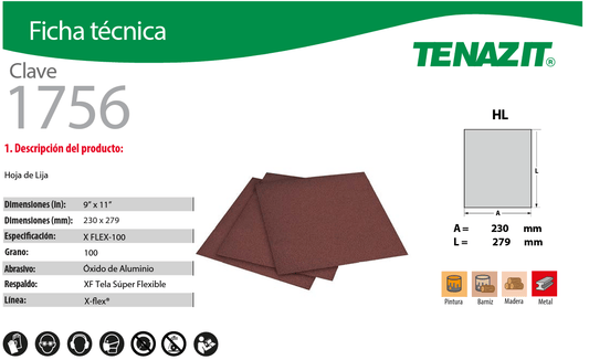Austromex-1756 Austromex 1756 Hoja de Lija X-flex Grano 100, de 230 x 279 mm AUSTROMEX