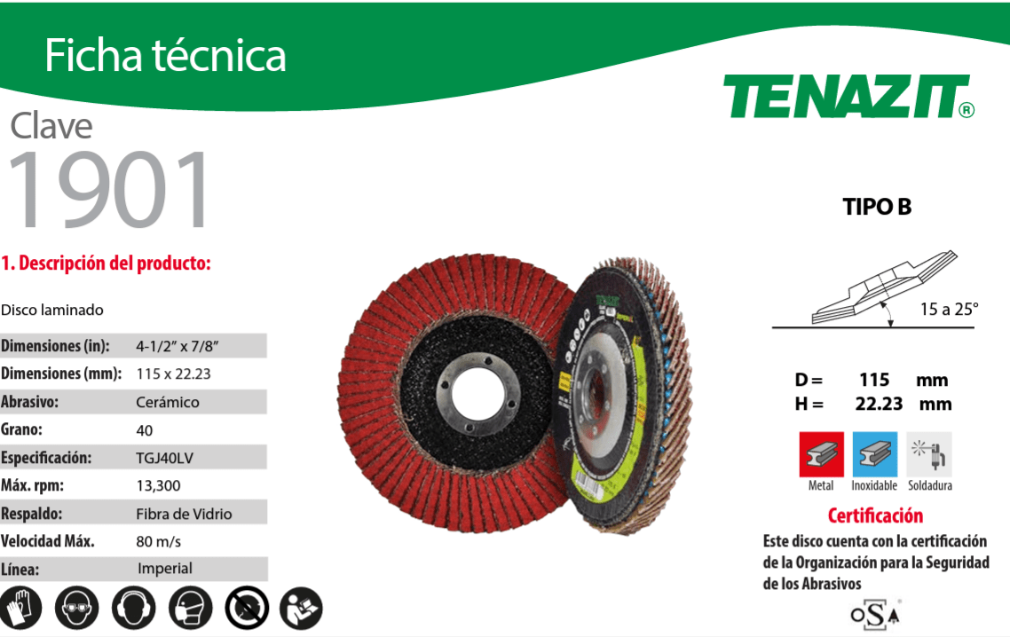 Austromex-1901 Tenazit 1901 Disco laminado grano ceramico 40 de 4-1/2" x 7/8" Austromex Imperial AUSTROMEX