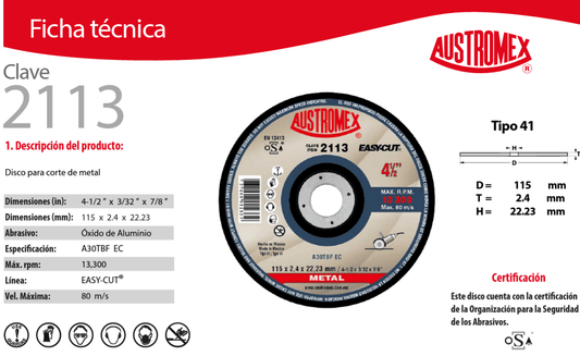 austromex-2113 Austromex 2113 Disco para corte de metal de 4-1/2" x 3/32" x 7/8" AUSTROMEX