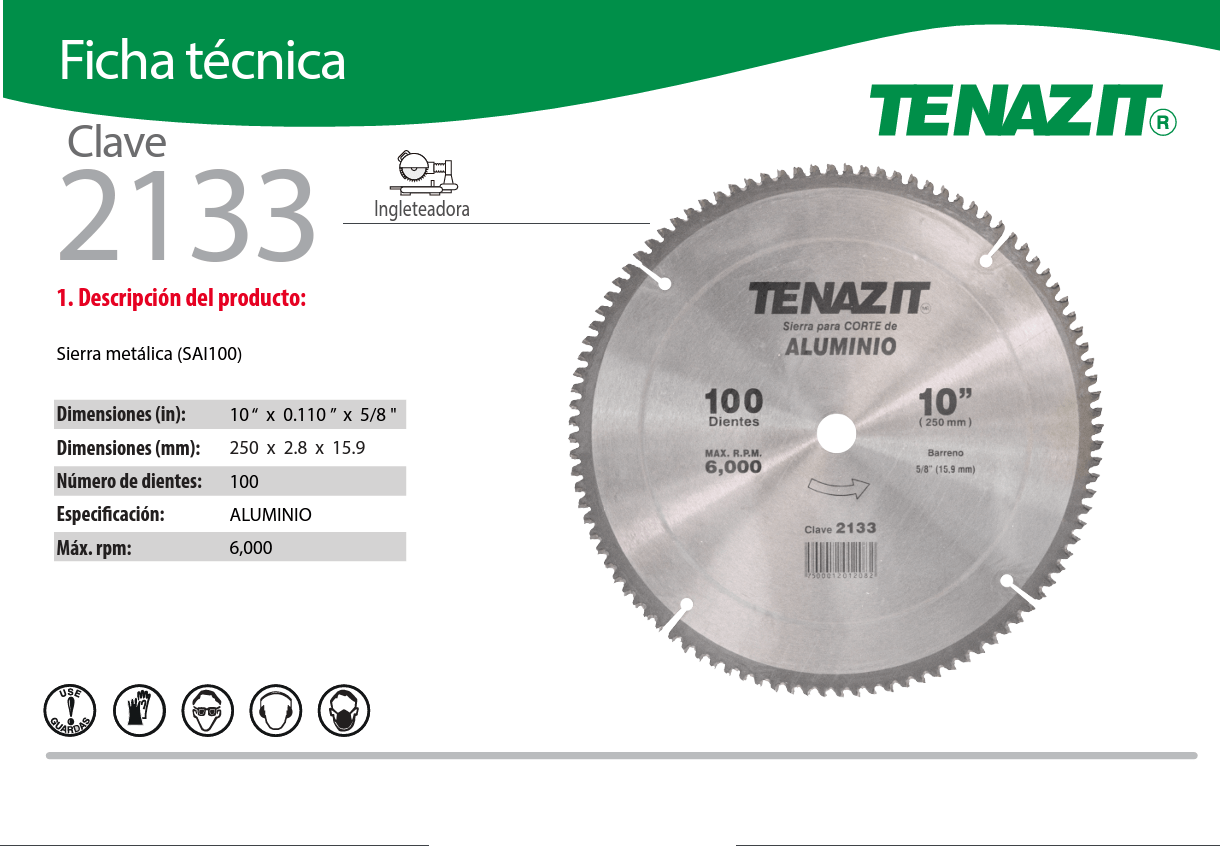 Austromex-2133 Sierra para corte de aluminio de 10", 100 dientes, Clave 2133, Tenazit Austromex AUSTROMEX