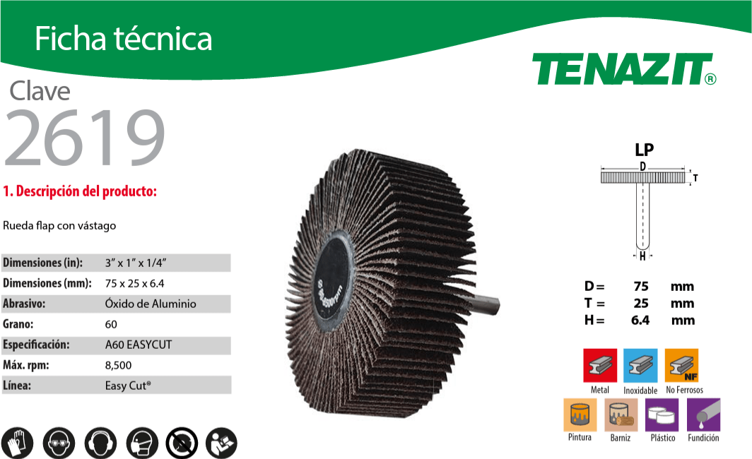 austromex-2619 Tenazit 2619 Rueda Flap para Inoxidable Grano 60 de 3" x 1" x 1/4" Austromex AUSTROMEX