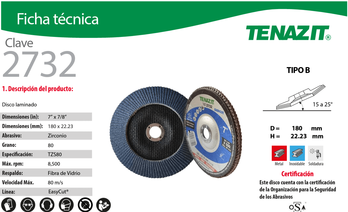 Austromex 2732 Tenazit 2732 Disco laminado grano 80 de 7" x 7/8" Austromex AUSTROMEX