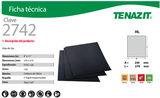 Austromex-2742 Austromex 2742 Hoja de Lija de Agua Grano 120- Lijado con Agua Tenazit AUSTROMEX