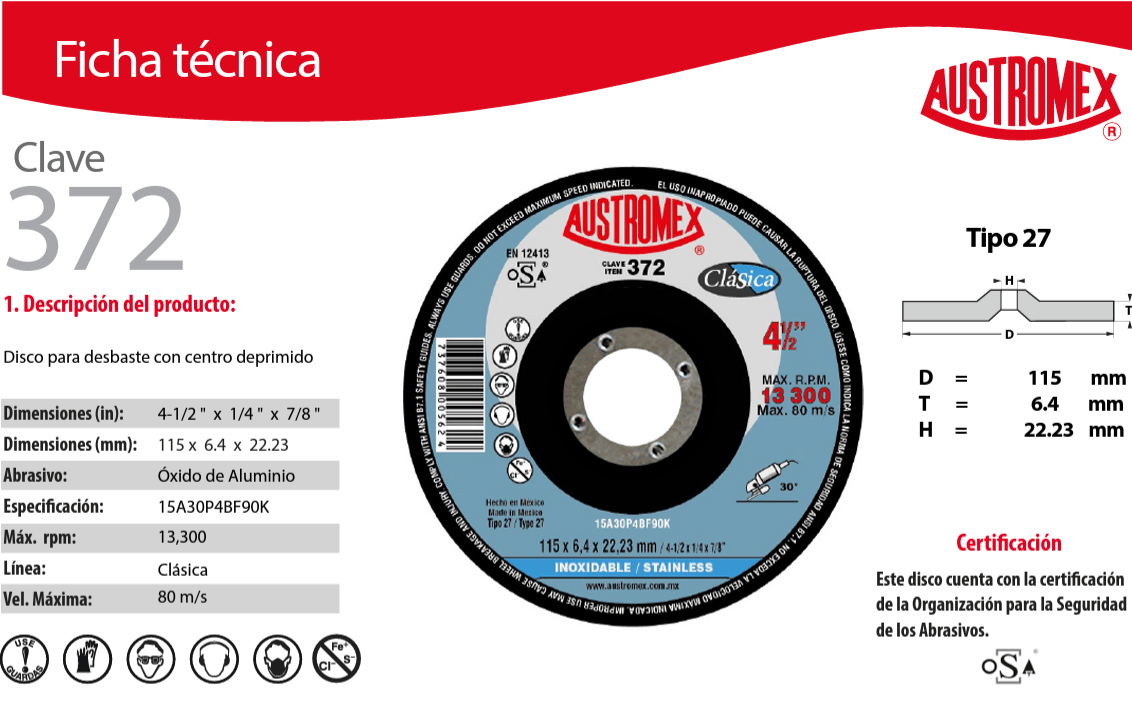 austromex-372 Austromex 372  Disco Para Desbaste de Acero Inoxidable de 4 1/2 x 1/4 x 7/8 AUSTROMEX