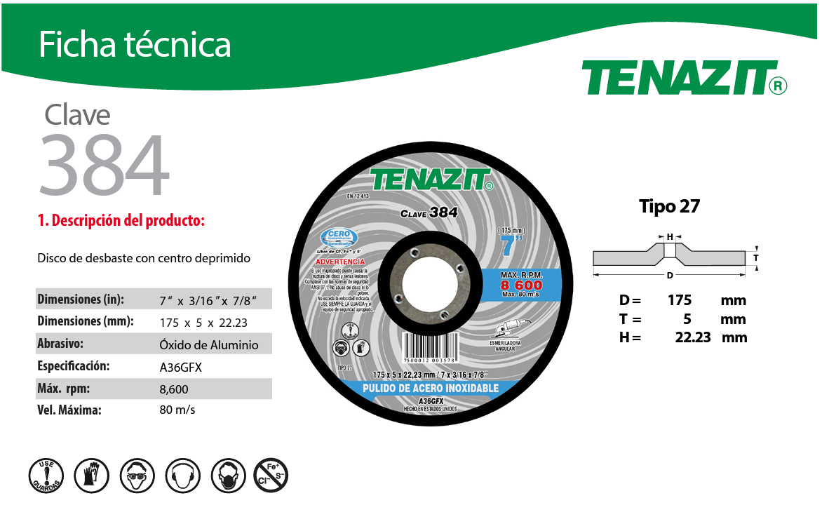 austromex-384 Austromex 384 Disco con Centro Deprimido para Pulido de Acero Inoxidable de 7" x 3/16" AUSTROMEX