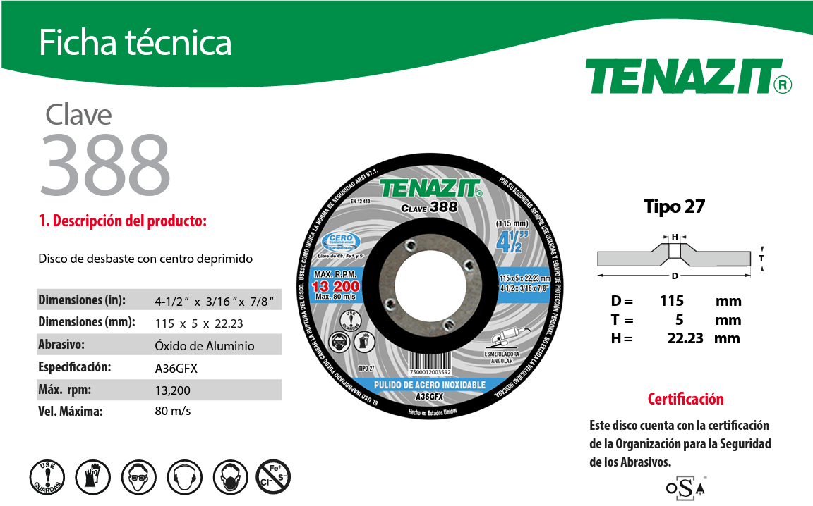 Austromex-388 Tenazit 388 Disco abrasivo de pulido de Acero Inoxidable de 4-1/2 x 3/16 x 7/8 AUSTROMEX