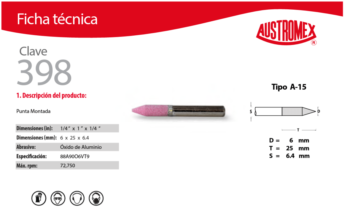 Austromex-398 Austromex 398 Punta Montada Rosa Tipo A-15 de 1/4" x 1" x 1/4" AUSTROMEX
