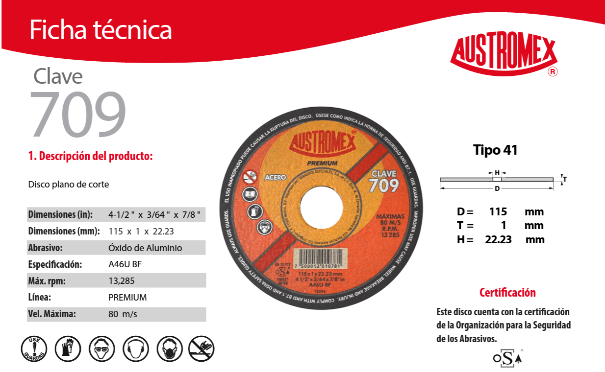 Austromex-709 Austromex 709 Disco para corte de acero al carbón de 4-1/2" x 3/64" x 7/8" AUSTROMEX