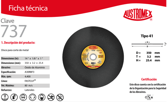 Austromex-737 Austromex 737, Disco abrasivo para corte de metal de 14" x 1/8" x 1" AUSTROMEX