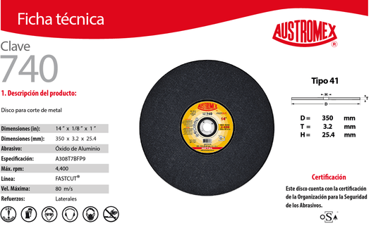 Austromex-740 Austromex 740 Disco abrasivo para cortes rápidos de acero y fundición de 14" x 1/8" x 1 AUSTROMEX