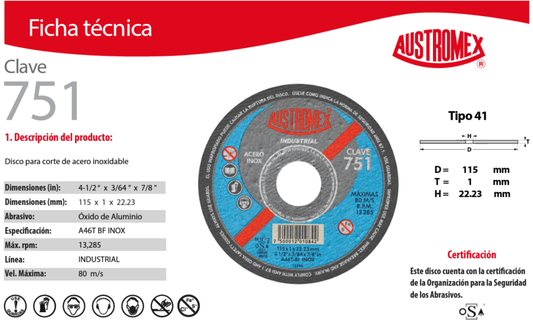 Austromex-751 Austromex 751 Disco abrasivo para corte de acero inoxidable de 4-1/2" x 3/64" AUSTROMEX