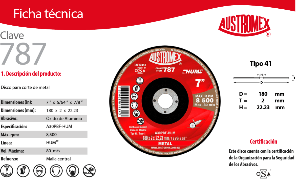 Austromex-787 Austromex 787 Disco para corte de metal de 7" x 5/64" x 7/8" HUM AUSTROMEX