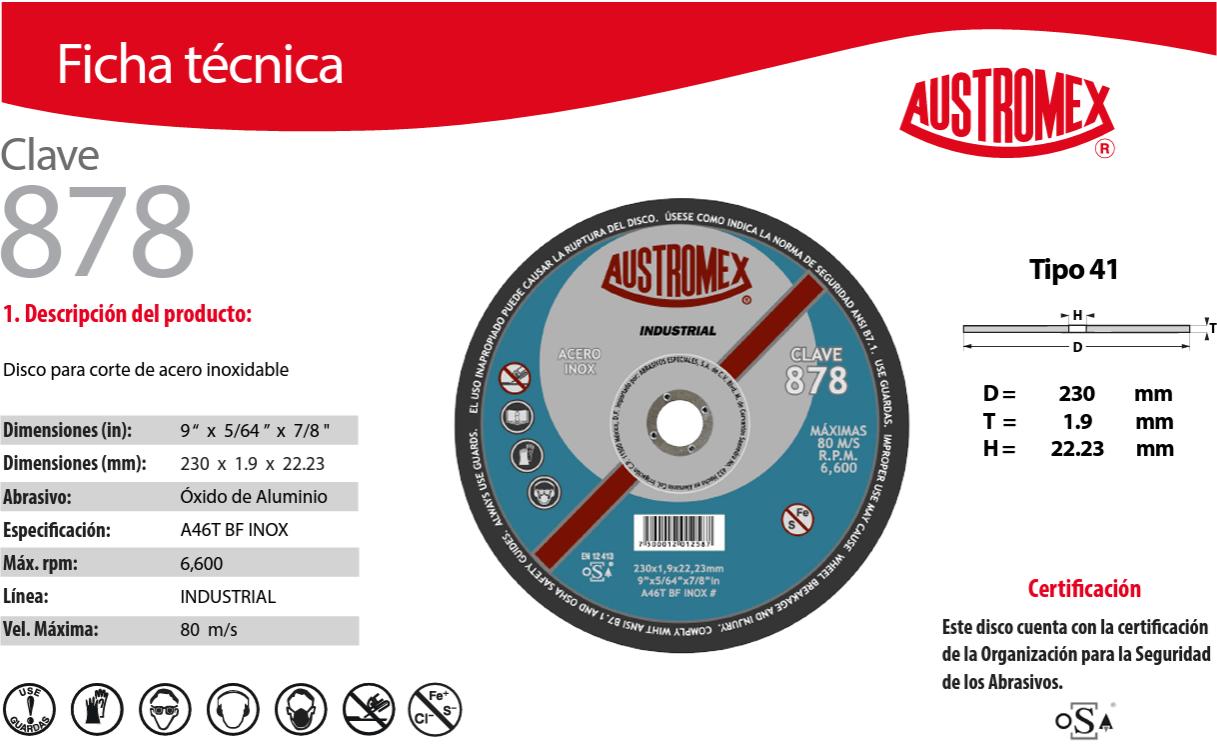 Austromex-878 Austromex 878 Disco para corte de acero inoxidable de 9" x 5/64" x 7/8" AUSTROMEX