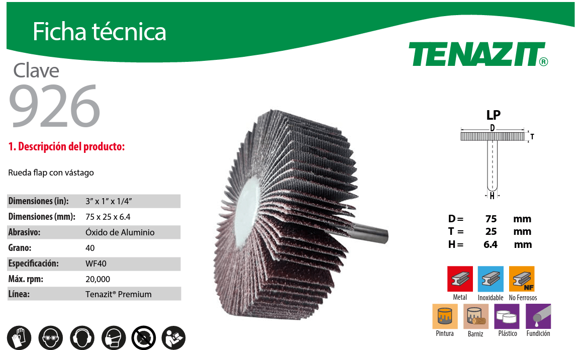 Austromex-926 Tenazit 926, Rueda flap con vástago de óxido de aluminio grano 40 de 3 x 1 x 1/4 AUSTROMEX