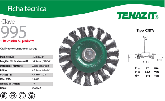 Austromex-995 Tenazit 995, Cepillo circular trenzado con vástago de 3 x 0.014 x 1/4, Austromex AUSTROMEX