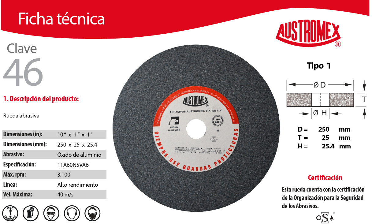 AUSTROMEX CLAVE 46 Austromex Clave 46, Rueda Abrasiva para Esmerila Grano 60 De 10" x 1" x 1" AUSTROMEX
