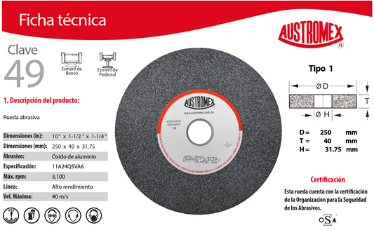 Austromex Clave 49 Austromex Clave 49, Rueda Abrasiva Grano 24 De 10" x 1-1/2" x 1-1/4" AUSTROMEX