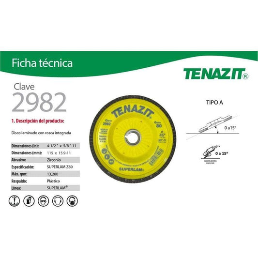 1 PIEZA-2982 Tenazit 2982, Disco Laminado Con Rosca Grano 80, 4-1/2 PuLG New MARINOS DEL GOLFO