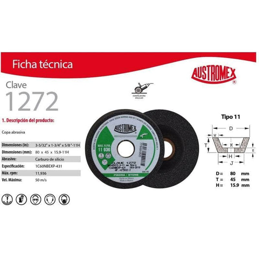 1274 Austromex 1274, Copa Para Desbaste De Piedra Grano 80 Fino MARINOS DEL GOLFO