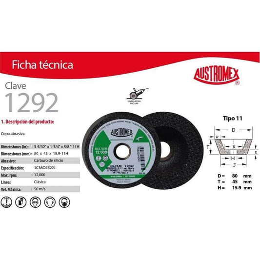 1292 Austromex 1292, Copa Para Desbaste De Piedra, Grano 36 Medio MARINOS DEL GOLFO