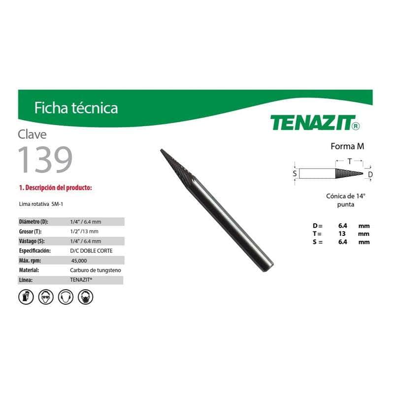 139 Tenazit 139 Lima Rotativa Cónica De 14º En Punta Sm-1 De 1/4 New MARINOS DEL GOLFO