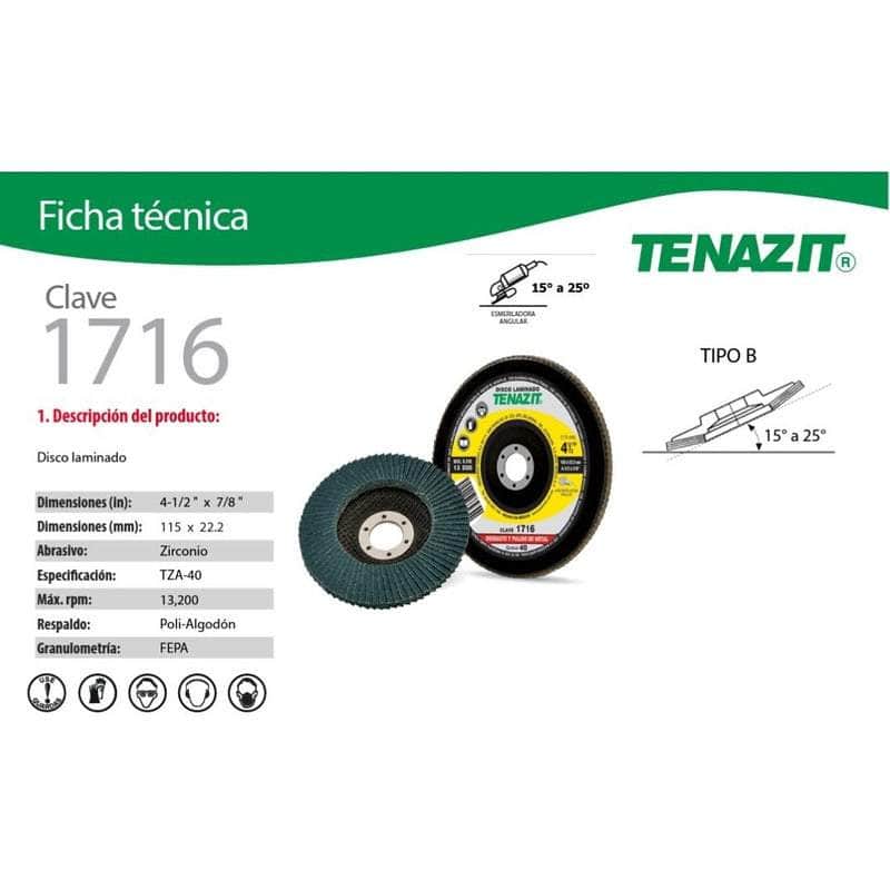 1716 Tenazit 1716, Disco Laminado Tenazit Grano 40, 4-1/2 X 7/8 New MARINOS DEL GOLFO