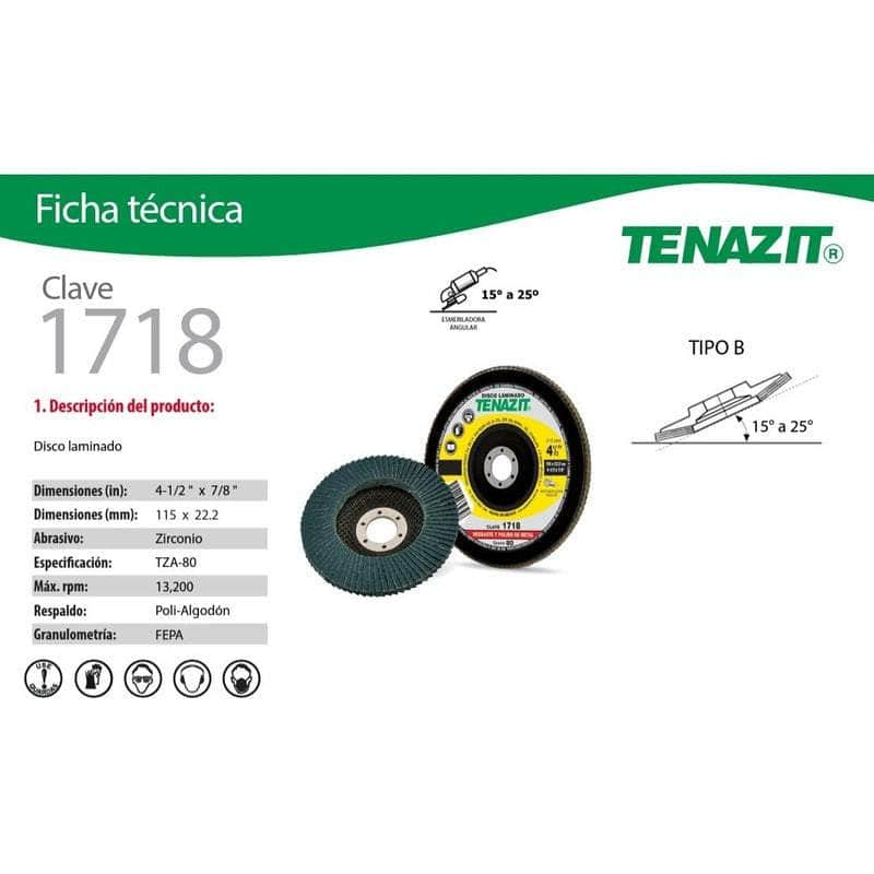 1718 Tenazit 1718, Disco Laminado Tenazit Grano 80, 4-1/2 X 7/8 New MARINOS DEL GOLFO