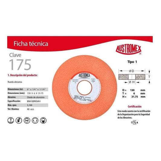 175 Austromex 175 Rueda Naranja Esmerilado De Acero De 6 Pulgada MARINOS DEL GOLFO
