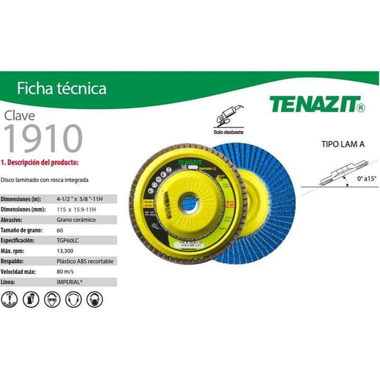 1910 Tenazit 1910, Disco Laminado Ceramico Grano 60, 4-1/2 X 5/8 New MARINOS DEL GOLFO