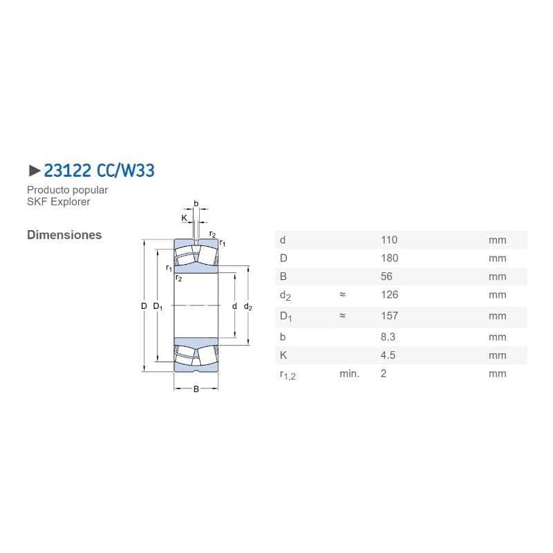 23122-CC-W33 Rodamiento De Rodillos A Rotula 23122 Cc/w33 Skf Explorer GRUPO TMG