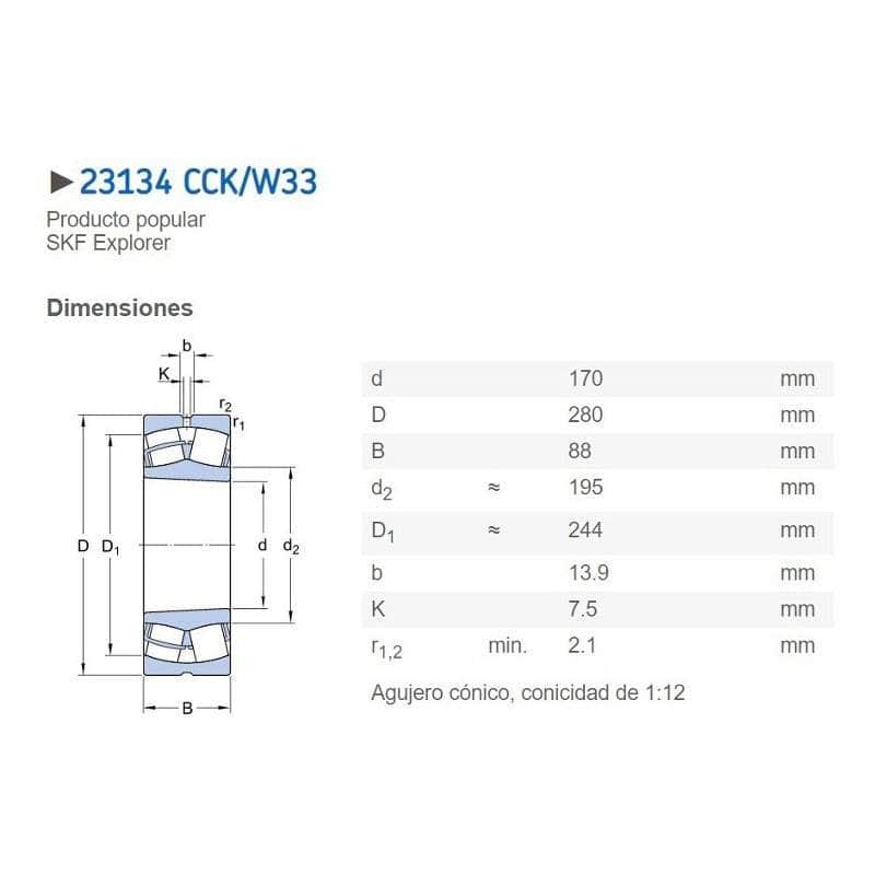 23134 CCK/W33 Rodamiento De Rodillos A Rotula 23134 Cck/w33 Skf Explorer GRUPO TMG