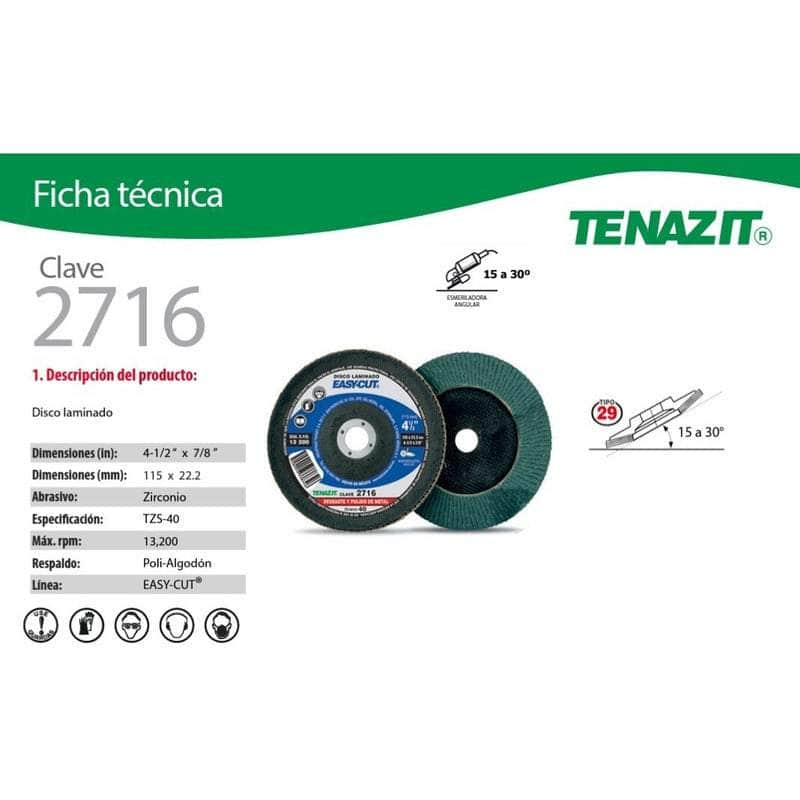 2716 Tenazit 2716, Disco Laminado Zirconio Grano 40, 4-1/2 X 7/8 MARINOS DEL GOLFO