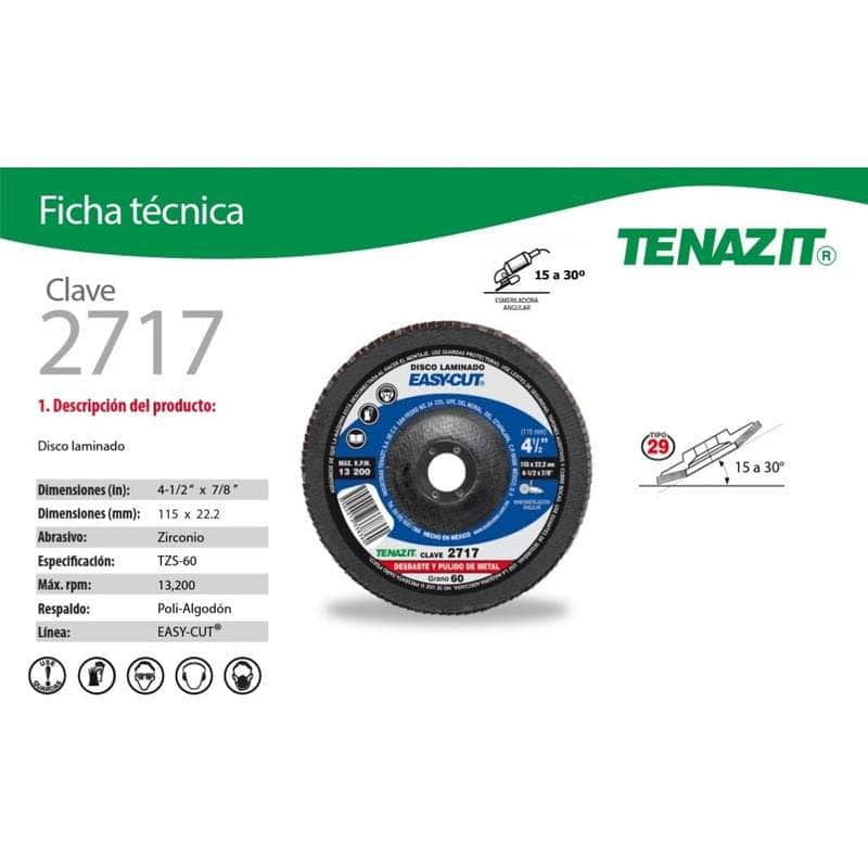 2717 Tenazit 2717, Disco Laminado Zirconio Grano 60, 4-1/2 X 7/8 New MARINOS DEL GOLFO