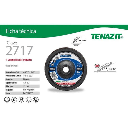 2717 Tenazit 2717, Disco Laminado Zirconio Grano 60, 4-1/2 X 7/8 New MARINOS DEL GOLFO