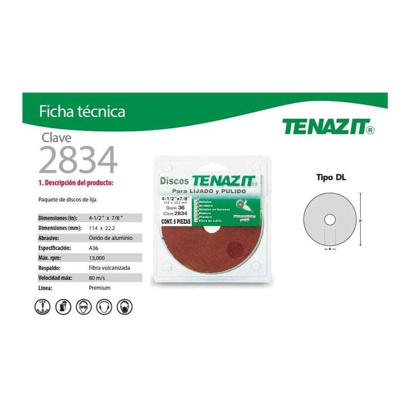 2834-PAQUETE 5 Tenazit 2834 Fibrodisco Óxido Aluminio Grano 36, 5 Piezas New MARINOS DEL GOLFO