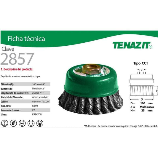 2857 Tenazit 2857 Cepillo Copa Alambre Ac Carbon Trenzado 4 PuLG New MARINOS DEL GOLFO