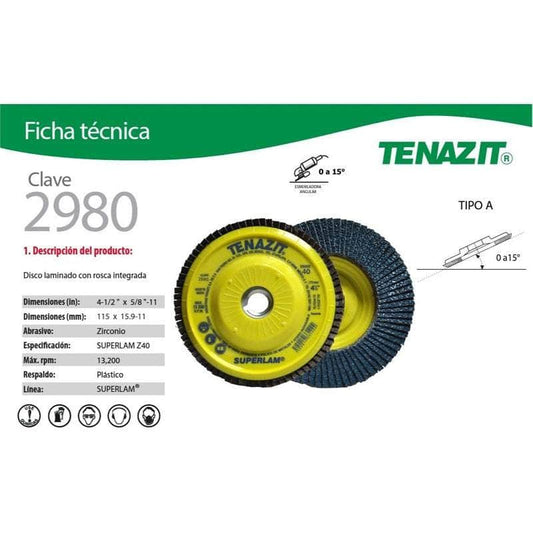2980 Tenazit 2980, Disco Laminado Zirconio Grano 40, 4-1/2 PuLG New MARINOS DEL GOLFO