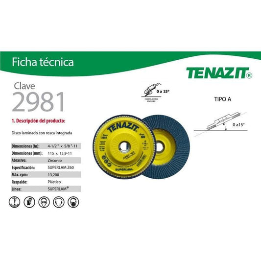 2981 Tenazit 2981, Disco Laminado Zirconio Grano 60, 4-1/2 PuLG New MARINOS DEL GOLFO