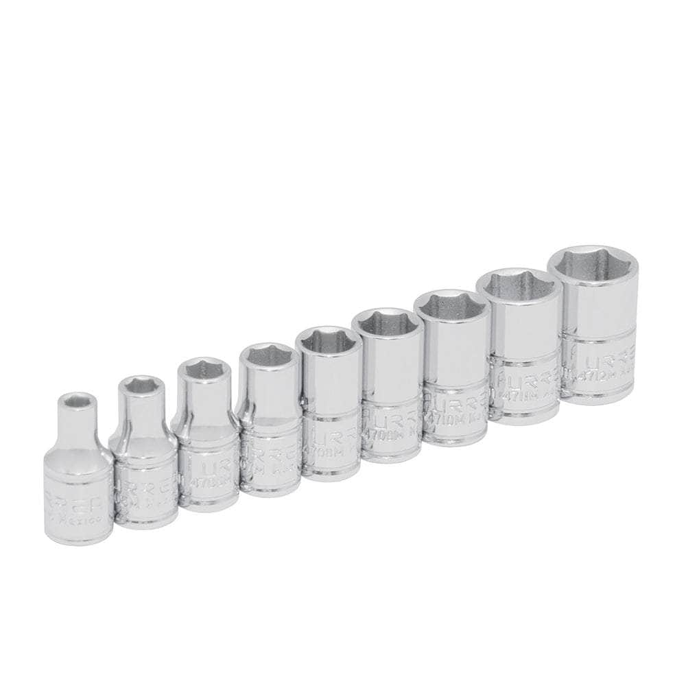 47207 Juego de 9 dados métricos cuadro de 1/4", 6 puntas, en riel, cod.47207 Urrea Urrea