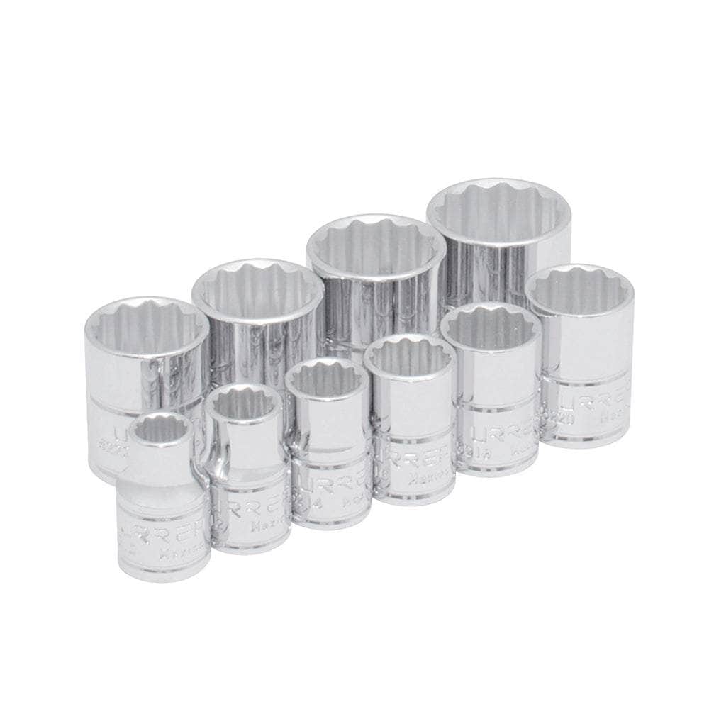 52118 Juego de 10 dados en pulgadas cuadro de 3/8", 12 puntas, en riel, cod.52118 Urrea Urrea