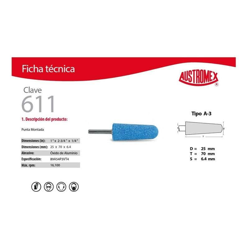 611 Austromex Clave 611, Punta Montada Azul Tipo A, 1 Pulgada MARINOS DEL GOLFO