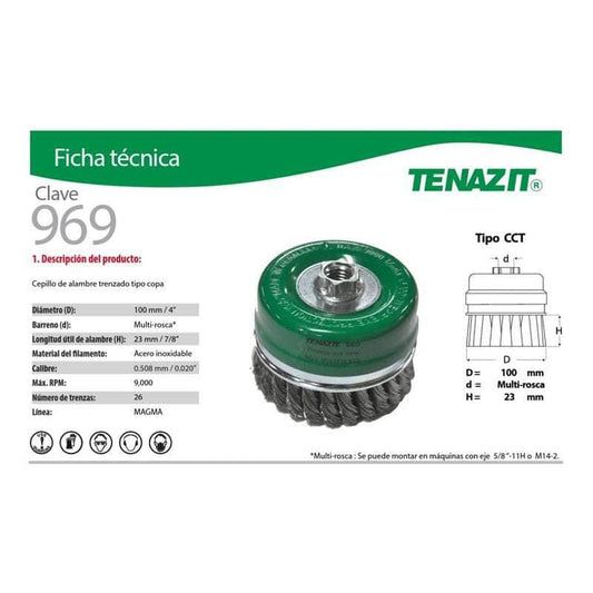 969 Tenazit 969, Carda Copa Trenzada Inoxidable De 4 Pulgadas MARINOS DEL GOLFO