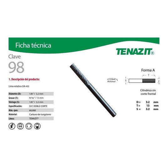 98 Tenazit 98 Lima Rotativa Cilíndrica Sin Corte Frontal Sa-43 New MARINOS DEL GOLFO