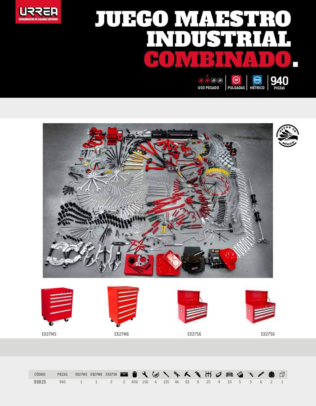 99820 Juego maestro industrial combinado 940 piezas, con gabinetes EX27M5, EX27M6, EX27S6, cod. 99820 Urrea Urrea