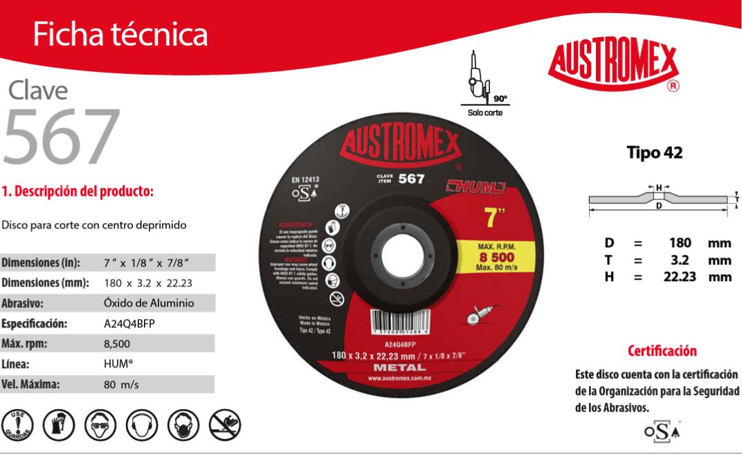 Austromex 567, Disco corte de 7" x 1/8", HUM AUSTROMEX