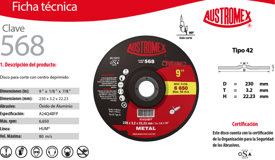 Austromex 568, Disco desbaste de 9" x 1/8", HUM AUSTROMEX