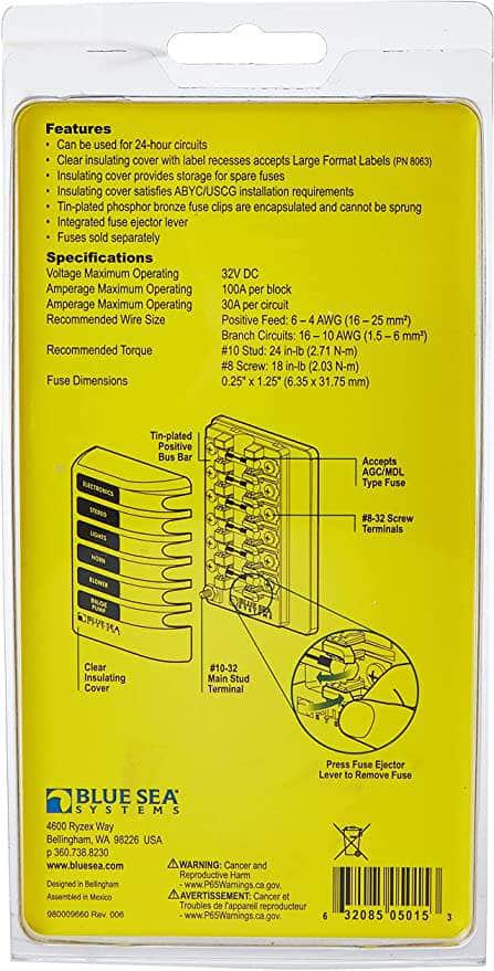 Blue Sea Systems-5015 ST Glass Fuse Block Bloque Fusibles Blue Sea Systems, Modelo 5015 MARINOS DEL GOLFO
