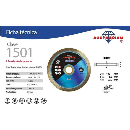 CLAVE-1501 Austrodiam 1501 Disco Diamante Azul Rin Continuo 4 Pulgadas MARINOS DEL GOLFO
